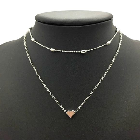 Silver Layered Heart Beaded Choker Necklace - Picture 3 of 5